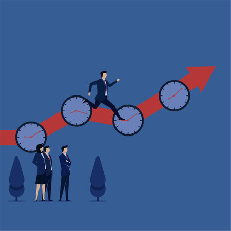 Businessman run from clock to another with growing chart metaphor of work hours.