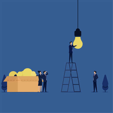 Business flat vector concept man put lamp to lamp fitting metaphor right idea.のイラスト素材