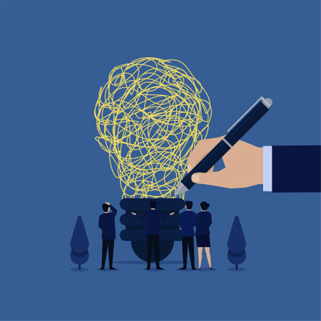Business flat vector concept hand draw tangled thread above lamp metaphor of problem solving.
