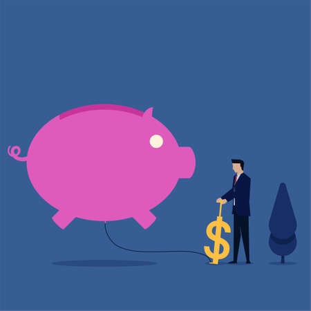 Business flat vector concept man pump piggy bank with dollar metaphor of savings.のイラスト素材