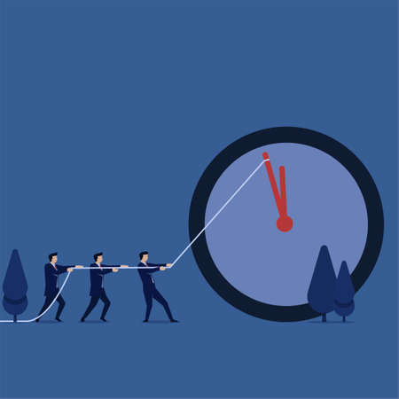 Business team pull clockwise metaphor of work hours.のイラスト素材