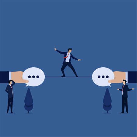 Business flat vector concept man juggling on the rope between to chat bubble metaphor of communication.のイラスト素材