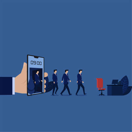 Businessman walk from phone at nine clock to desk metaphor of work time.のイラスト素材