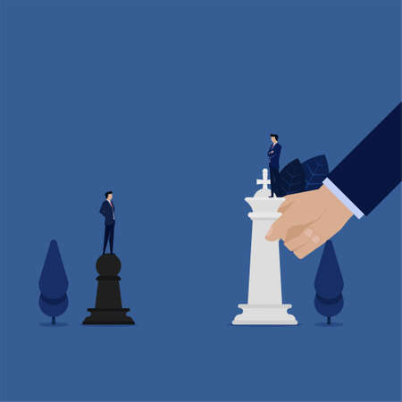 Business man standing above pawns challenge for king chess metaphor of strategy.のイラスト素材