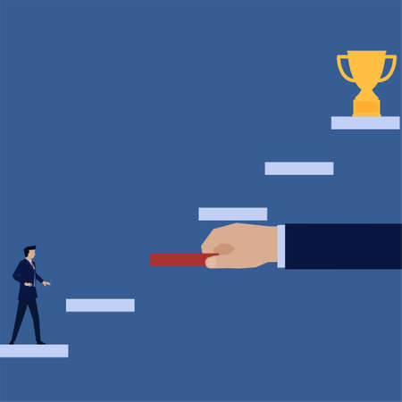 Business flat vector concept businessman helped by hand with stair to trophy metaphor of way to success.のイラスト素材