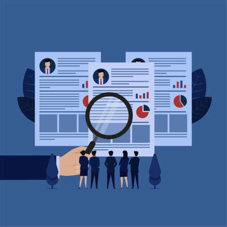 Business hand hold magnify on curriculum vitae manager and team review metaphor of hiring.のイラスト素材