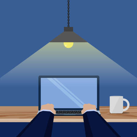 Hand type laptop with a cup of coffee late night lamp still on.のイラスト素材