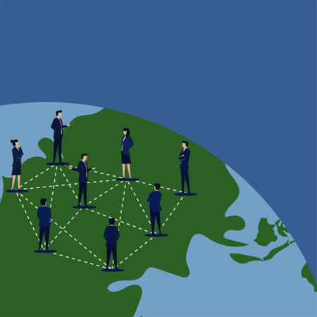 Business flat vector concept manager connected to people above the globe metaphor of global...