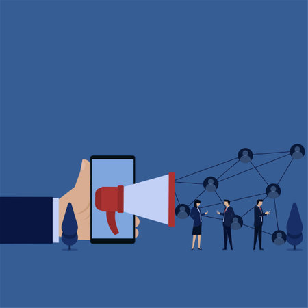 Business flat vector concept team hold phone and send message to contacts metaphor of advertising...