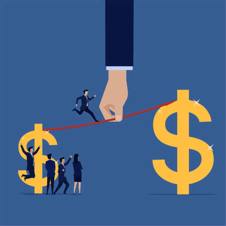 Businessman run from small earning to bigger earning. Growth sales. Business Landing Page Template.のイラスト素材