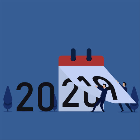Business flat vector concept people change calendar from 2019 to 2020 metaphor of new year.