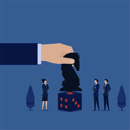 Business flat vector concept hand put black knight above dice metaphor of strategy and opportunity.のイラスト素材