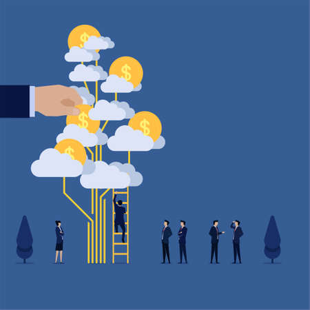 Businessman climb ladder to coin cloud tree metaphor of investment.のイラスト素材