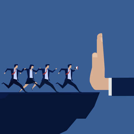 Businessman megaphone shout team stopping run edge of hill. Business Landing Page Template.のイラスト素材