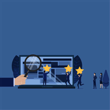 Business hand hold magnify review and rate with star on landing page web.のイラスト素材