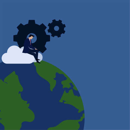 Business flat vector concept businessman work on cloud with gear and globe metaphor of global update.のイラスト素材