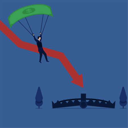 Business flat vector concept man jump down with parachute on to trap metaphor of strategy and loss.のイラスト素材