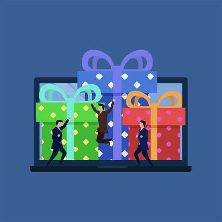 Three businessman happy jump in front of gift online through the laptop network.のイラスト素材