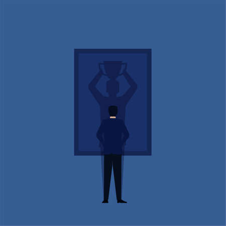 Business flat vector concept man stand and see winner shadow on frame metaphor of self taught and trust.のイラスト素材