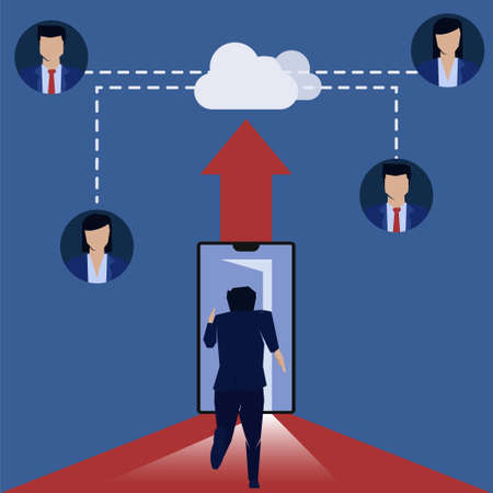 Businessman run to phone get a job online cloud server. Business Landing Page Template.のイラスト素材