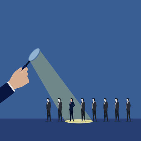 Hand with magnify choose employee for hiring worker. Business Landing Page Template.のイラスト素材