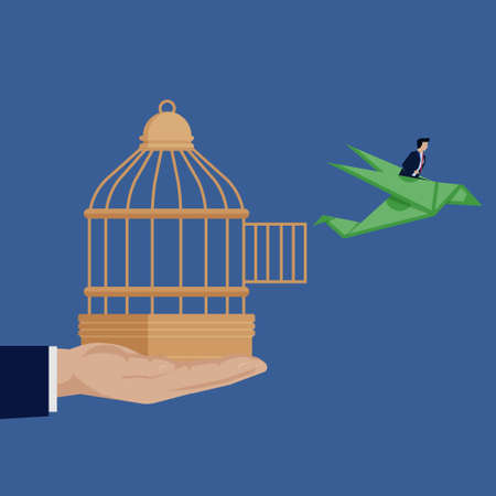 Businessman out of birdcage with dollar origami bird. Business Landing Page Template.のイラスト素材