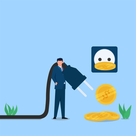 Hand pull out the electric plug and coins fall metaphor of energy saving. Business flat vector...