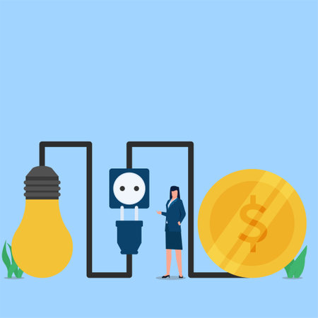 Hand pull out the electric plug and coins fall metaphor of energy saving. Business flat vector...