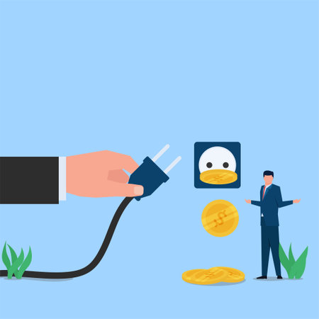 Hand pull out the electric plug and coins fall metaphor of energy saving. Business flat vector...