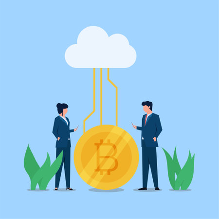 Businessman work at the desktop with big crypto coin behind metaphor of cryptocurrency.のイラスト素材