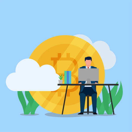 Businessman work at the desktop with big crypto coin behind metaphor of cryptocurrency.のイラスト素材