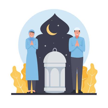 Muslim man stand next to alms box on mosque.のイラスト素材