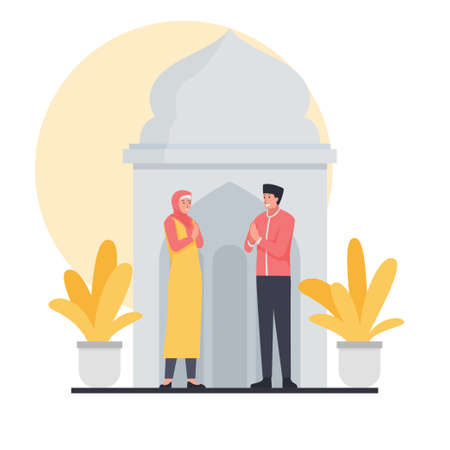 Muslim man stand next to alms box on mosque.のイラスト素材