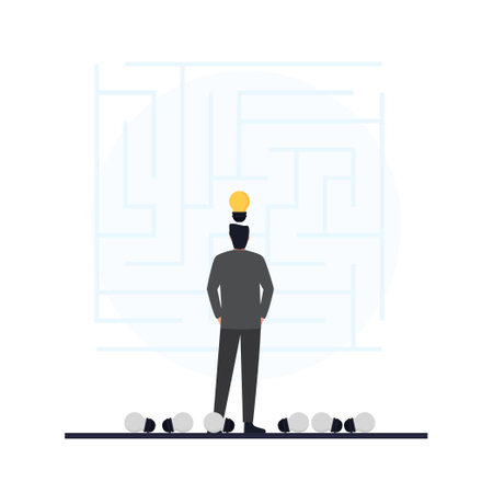 Bulb in top of men looks at labyrinth metaphor of problem solving.のイラスト素材