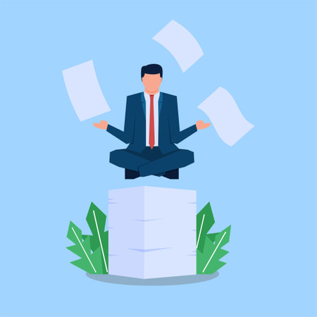 Businessman meditating above money and work paper