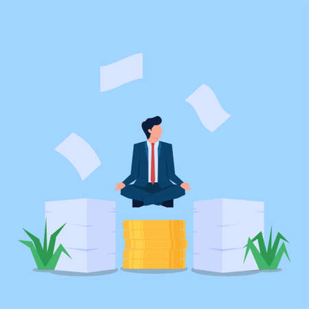 Businessman meditating above money and work paperのイラスト素材