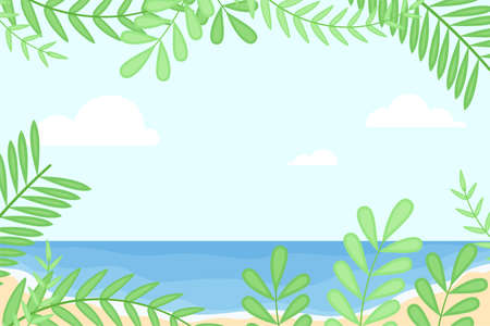 Summer background with beach view from behind floral leavesのイラスト素材