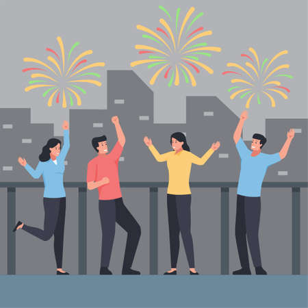 Man and woman celebrate and fireworks on the sky with building backgroundのイラスト素材