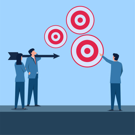Businessman bring the arrow and discuss with other to choose the target. Metaphor of set the goal business.のイラスト素材