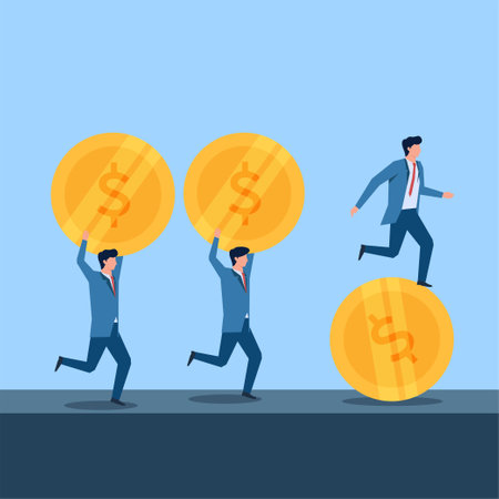 One Businessman run above the coin while other carries the coin. Metaphor of working smarter not harder.のイラスト素材