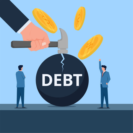 Hand hold hammer crush the debt iron ball. Business flat vector concept illustration.のイラスト素材