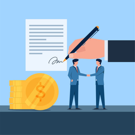 Two businessman handshake for obligation. Business flat vector concept illustration.のイラスト素材