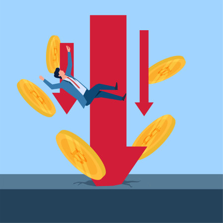 Man fall in front of down arrow of cryptocurrency. Business flat vector concept illustration.のイラスト素材