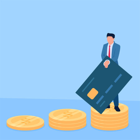person with credit card cuffed hands standing on pile of coins as debt, metaphor of debt burden. Simple flat conceptual illustration.のイラスト素材