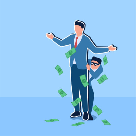 People hide behind rich people's posters, a metaphor for flaunting wealth for ponzi. Simple flat conceptual illustration.のイラスト素材