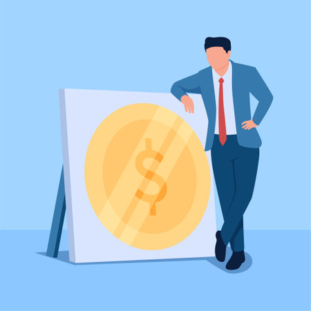 People pose in front of counterfeit money posters, a metaphor for flaunting wealth for ponzi. Simple flat conceptual illustration.のイラスト素材