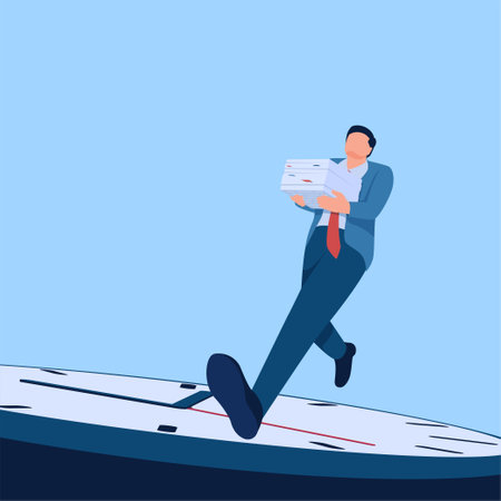 people carrying piles of papers run over the clock, a metaphor for overtime work. Simple flat conceptual illustration.のイラスト素材