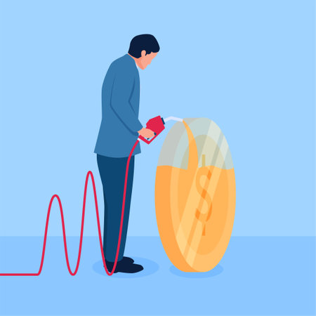 People fill coins with fuel pumps whose wires form a rising graph, a metaphor for fuel inflationのイラスト素材
