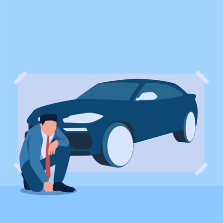 People pose in front of fake car posters, a metaphor for flaunting wealth for ponzis. Simple flat conceptual illustration.のイラスト素材