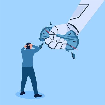 artificial intelligence robot hand destroying the clock, a metaphor of racing with artificial intelligence. Flat conceptual illustration.のイラスト素材